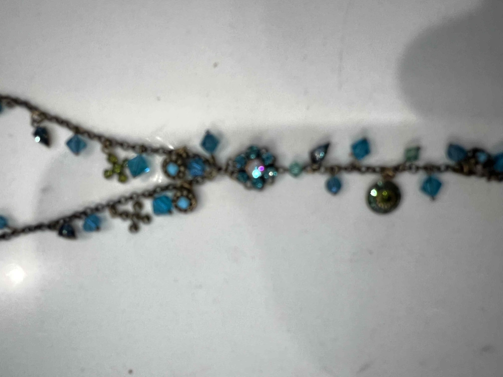 Liz Palacios Gold/Blue Necklace and Earring Set Antique Gold Aqua and Crystal